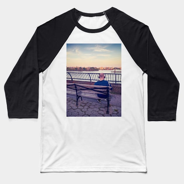 Sunset Carl Schulz Park Bench Lonely Man Manhattan New York City Baseball T-Shirt by eleonoraingrid